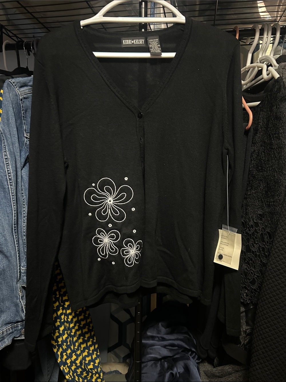 Kerri Kelsey Black V-Neck Cardigan with White Floral Embroidery